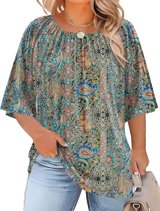 LOMON Womens Plus Size Tops Summer 3/4 Length Sleeve Crewneck Blouses Dressy Casual Loose Curvy Flowy Tunic Shirts 1X-5X
