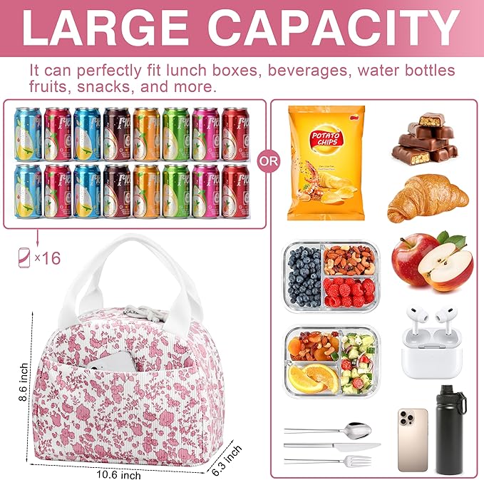 Lunch Bag - Insulated Lunch Box for Women, Reusable Large Capacity Cooler Bag for Adult, Small Leakproof Cute Corduroy Lunch Tote for Work Office Travel Picnic (Corduroy Rose Red-Flower)