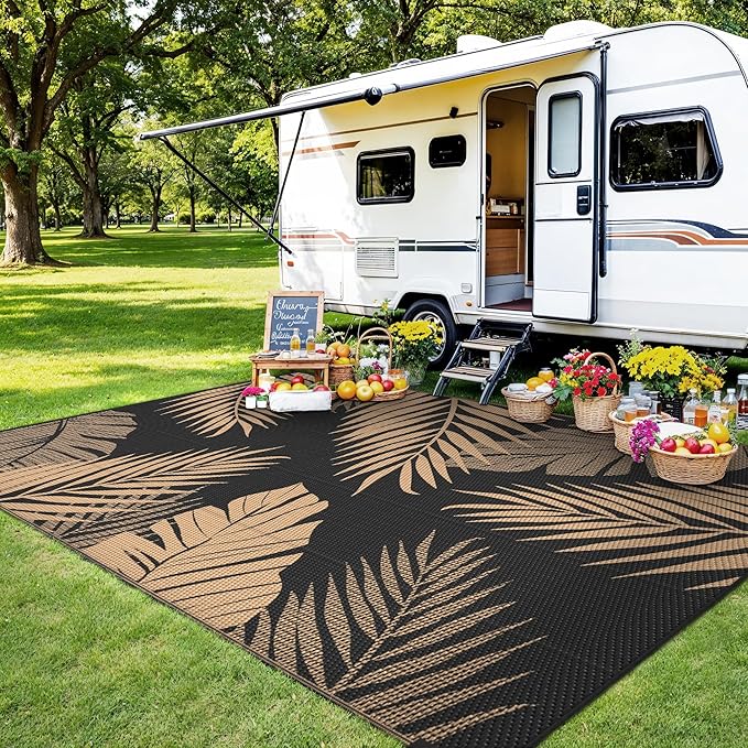Outdoor Rug 5' x 8' for Patio Waterproof Clearance, Reversible Indoor Outdoor Plastic Straw Camping Rug Carpet, RV Mat, Large Area Rug for Deck, Backyard, Balcony, Porch, Beach, Black and Brown