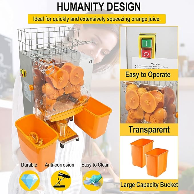 TECHTONGDA Commercial Juicer Machine, Orange Squeezer for 22-30 per Minute, Lemon Juice Extractor Citrus Juicer, Electric Orange Juice Machine with Pull-out Filter Box and 2 Peels Collecting Buckets