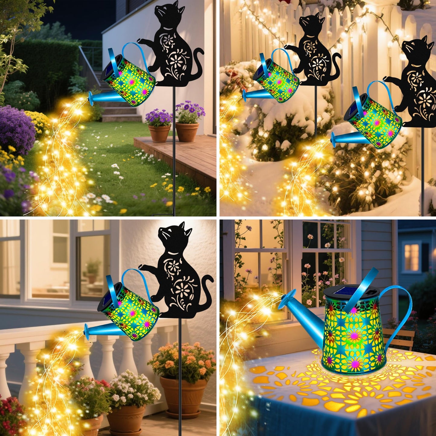 Black Cat Solar Watering Can Lights  Birthday Gifts For Women Mom Christmas  Yard Decorations Outdoor Waterproof  Blue Metal Hanging Lantern Solar Lights Garden Decor Patio Pathway  2 Pack