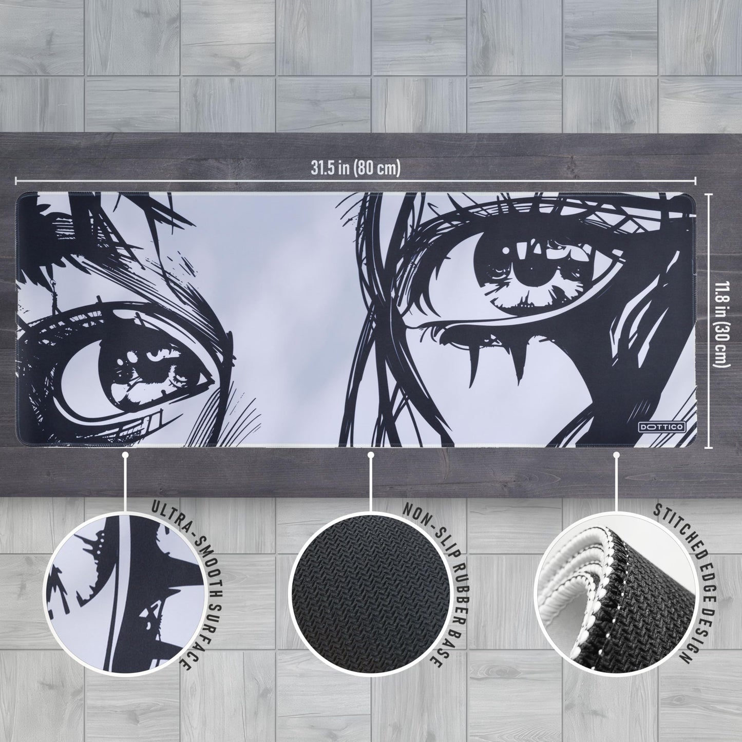 DOTTICO XL Anime Eyes Mouse Pad – Large Manga Girl Desk Mat 31.5x11.8 – Non-Slip, Water-Resistant, Stitched Edges – Aesthetic Japanese Gaming Mat
