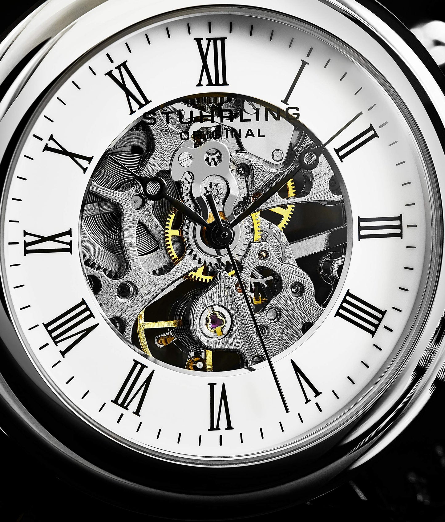 Stuhrling Original Men's Pocket Watch Stainless Steel Analog Skeleton Watch Hand Wind Mechanical Movement Stainless Steel Chain