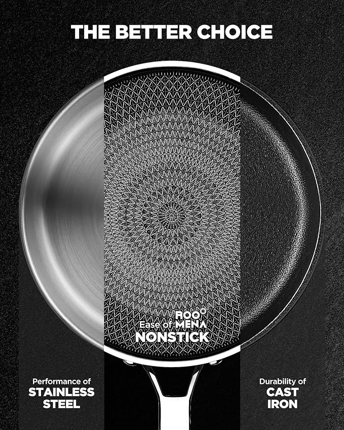 Pots and Pans Set Hybrid Stainless Steel, 10PC Nonstick Tri-Ply Cookware Set w/Frying Au Gratin pan, Dishwasher & Oven Safe, PFOA-Free, Metal Utensil Safe, Suitable for All Cooktops