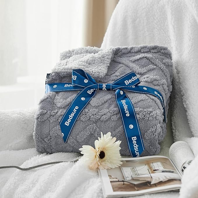 Bedsure Sherpa Queen Size Blanket for Bed - Fleece Soft Fluffy & Cozy Cable Jacquard Tufted Throw Blankets for Women Gift, Thick Warm for Winter and All Seasons, Grey, 90x90 Inches