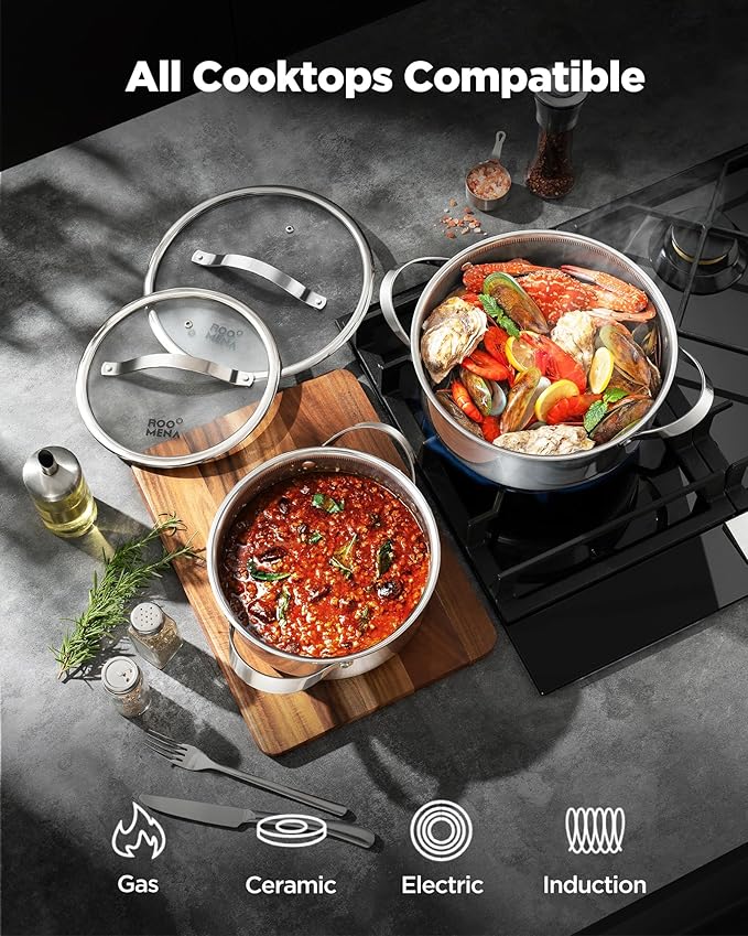 Pots and Pans Set Hybrid Stainless Steel, 17PC Nonstick Tri-Ply Cookware Set w/Frying Au Gratin pan, Dishwasher & Oven Safe, PFOA-Free, Metal Utensil Safe, Suitable for All Cooktops