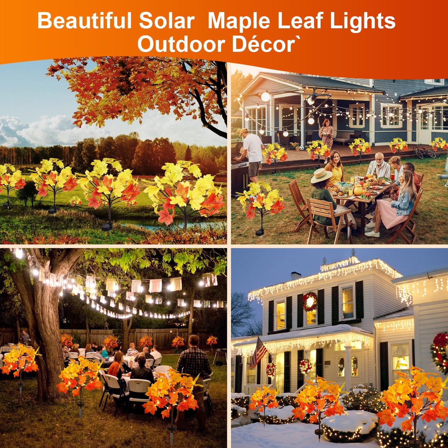 2Pack Fall Solar Lights Outdoor Decorative  Waterproof 40Led Orange Fall Lights With 80 Maple Leaves Path Lights  Solar Lights For Fall Autumn Patio Garden Halloween Thanksgiving Decorations