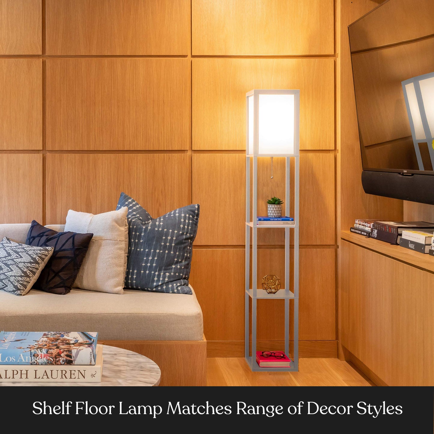 Brightech Maxwell Modern Floor Lamp with Shelves - White, LED Bulb, Wood, Model 1