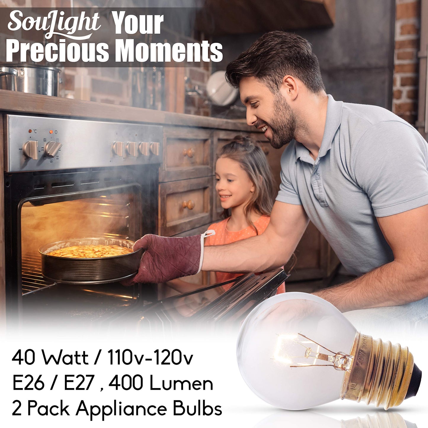 SouLight Oven Light Bulb – 40 Watt Appliance Replacement Bulbs for Oven, Stove, Refrigerator, Microwave. Incandescent - High Temp G45 E26/E27 Socket -Warm White - 400 Lumens - Clear.2 Pack