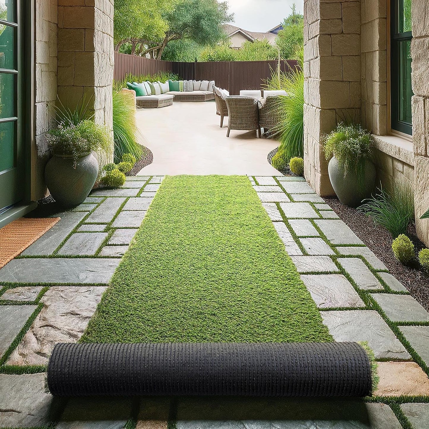 Ottomanson 2' x 6'6" Artificial Faux Grass Rug - Realistic Turf with UV Protection - Perforated for Easy Drainage - Durable, Hose-Off Synthetic Lawn Carpet for Indoor & Outdoor Use, Green