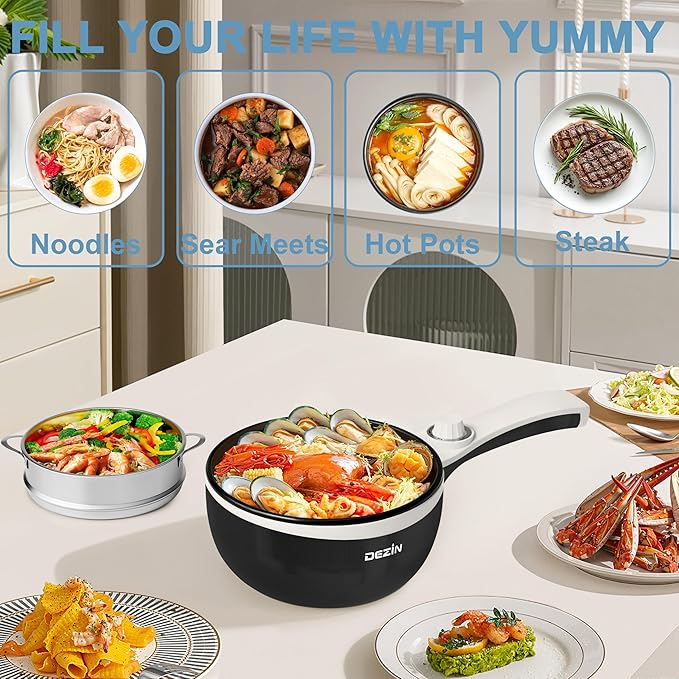 Dezin Hot Pot Electric with Steamer Upgraded, Non-Stick Sauté Pan, Rapid Noodles Electric Pot, 1.5L Mini Pot for Steak, Egg, Fried Rice, Ramen, Oatmeal, Soup with Power Adjustment