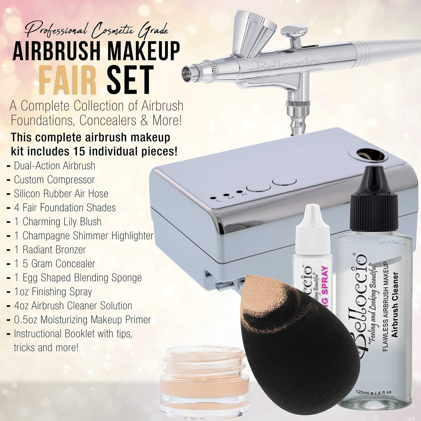 Belloccio Professional Beauty Airbrush Cosmetic Makeup System with 4 Fair Shades of Foundation in 1/4 Ounce Bottles - Kit Includ