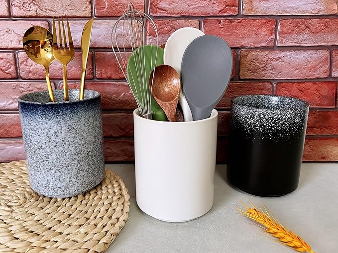 Short Kitchen Utensil Holder for Kitchen Counter Cooking Utensil Holder for Countertop Spatula Holder Small Utensil Crock Cutlery Holder Silverware Caddy Flower Vase (White)