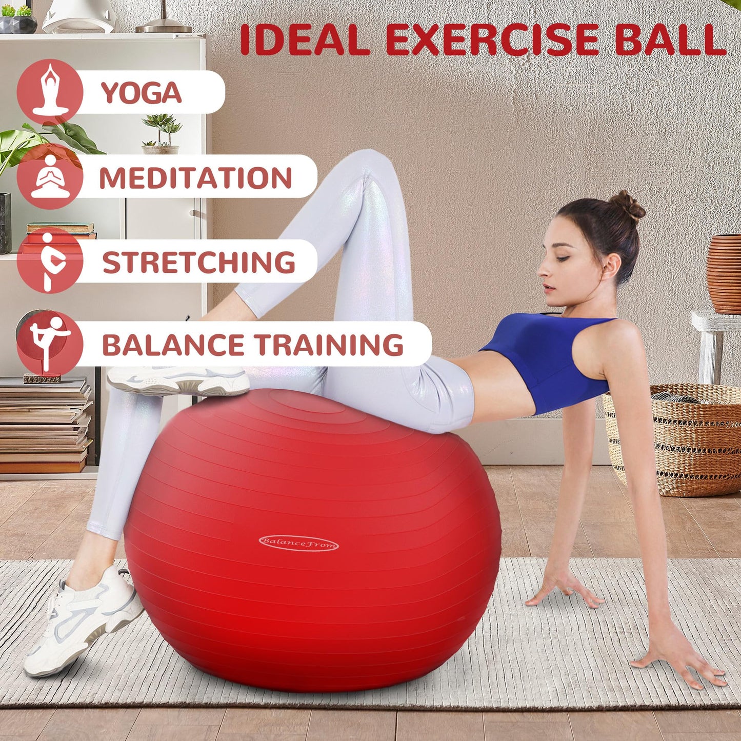Fitvids Anti-Burst and Slip Resistant Exercise Ball Yoga Ball Fitness Ball Birthing Ball with Quick Pump, 2,000-Pound Capacity, Red, 30-inch, XL
