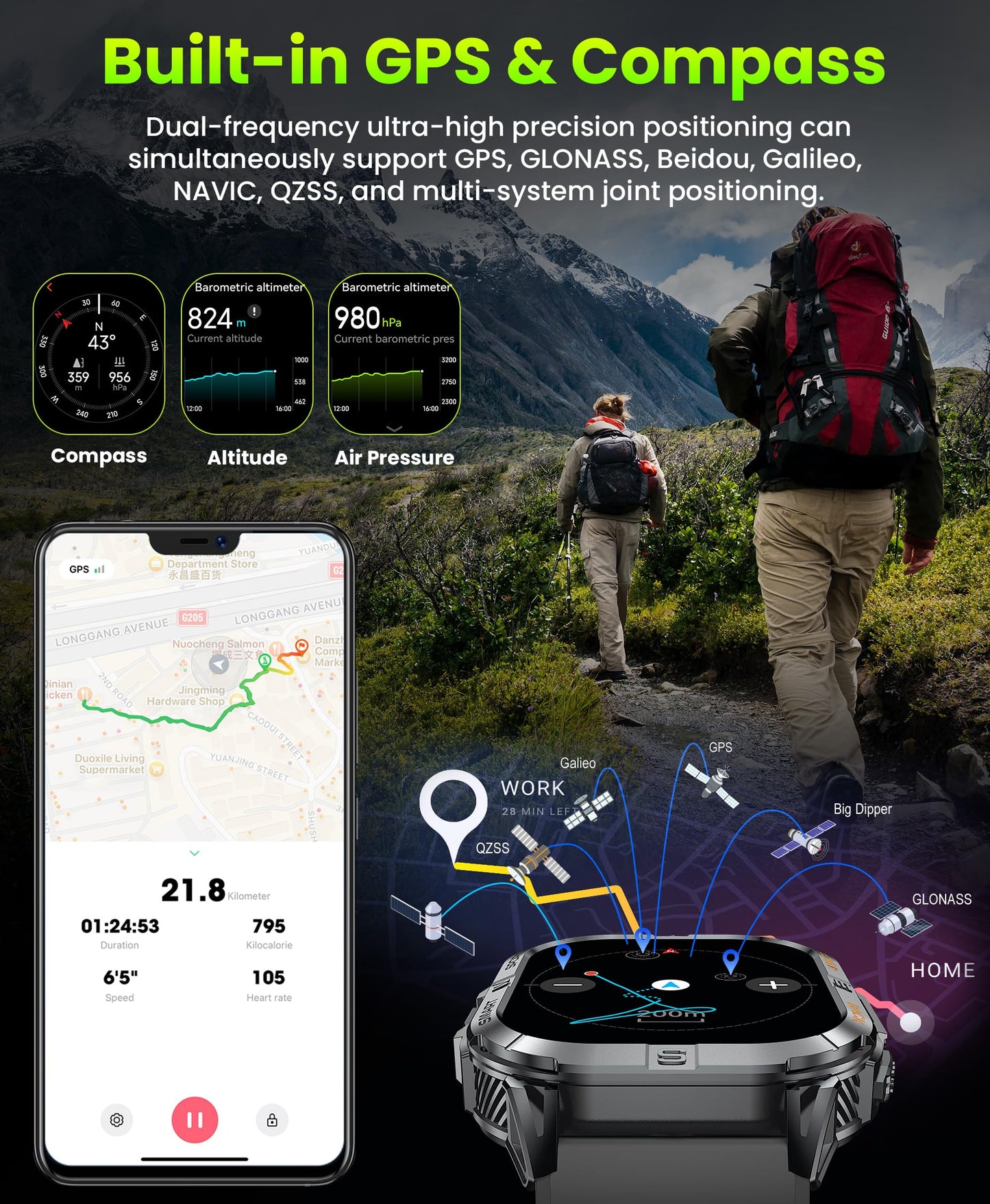 Joautrial Military Smart Watch for Men Built-in GPS with LED Flashlight Compass, 2.13" AMOLED Tactical Smart Watches with Answer/Make Calls, 3ATM Waterproof Fitness Tracker for iPhone Android (Black)
