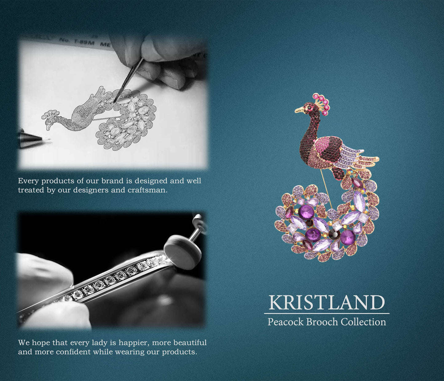 KristLand - Delicate Large Peacock Animal Brooch Lapel Pin Dainty Rhinestone Brooch Costume Jewelry Accessories for Scarf Corsag