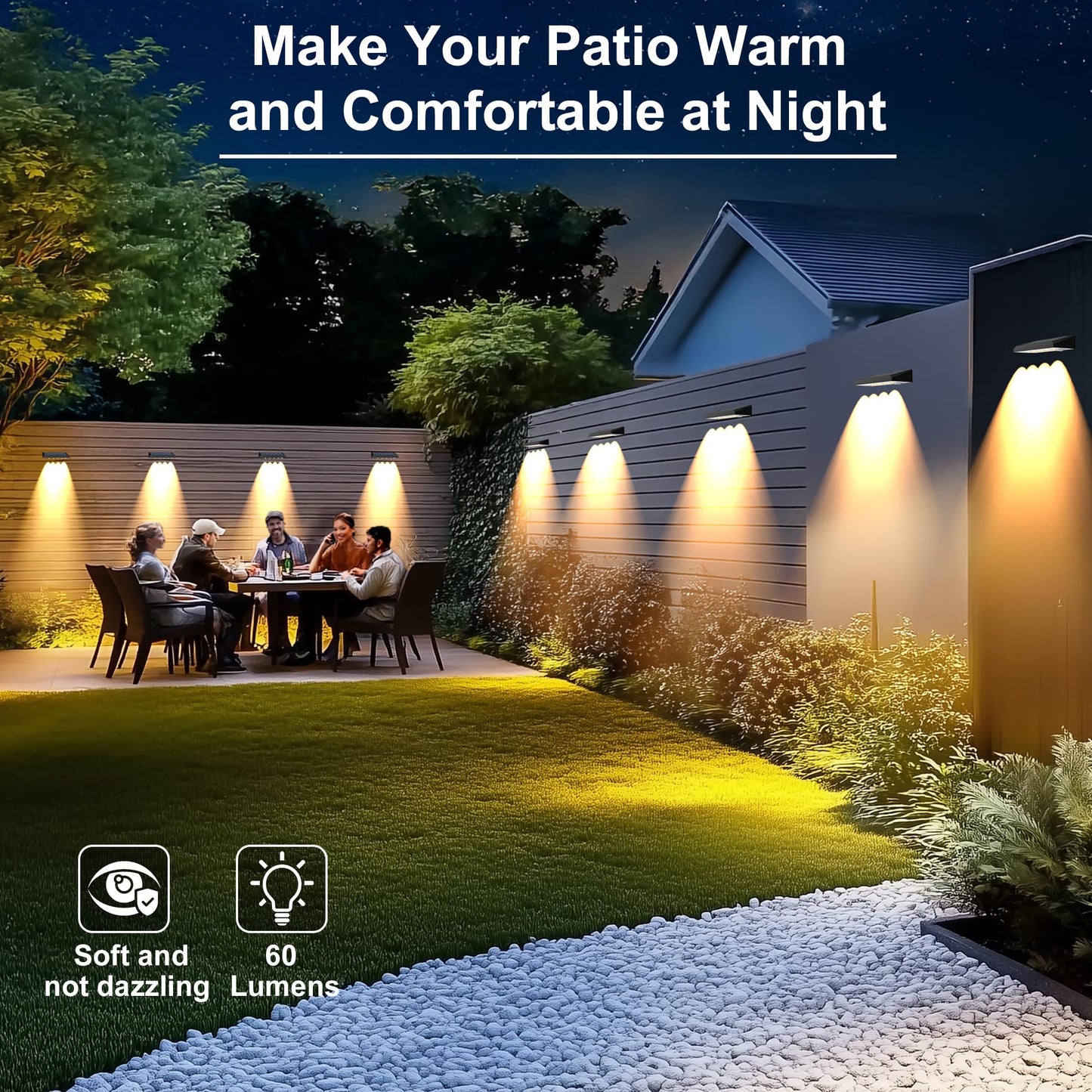 Audles Solar Fence Lights Outdoor  8 Pack Fence Lights Solar Powered With 4 Led  Fence Solar Light Outdoor Ip65 Waterproof Deck Light For Backyard  Railing  Patio  Stair  Wall  Step - Warm Lighting