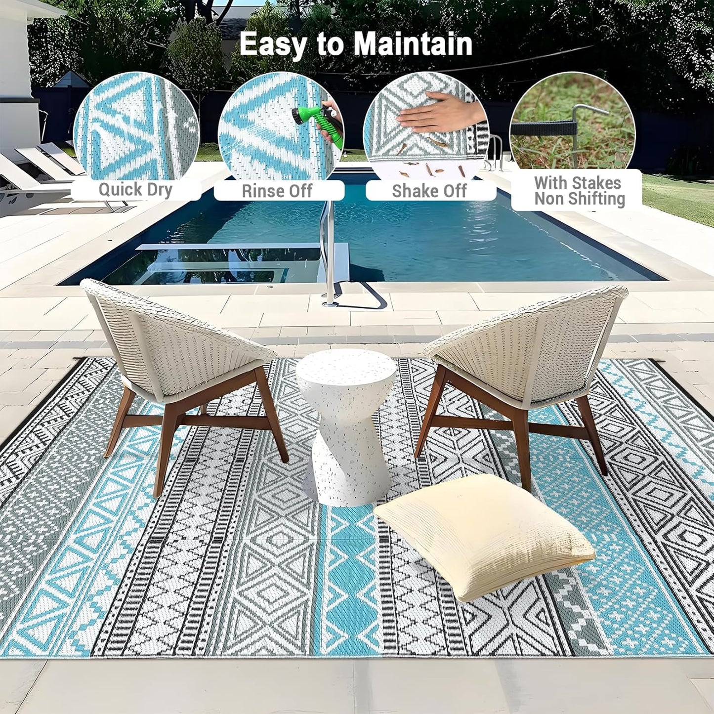 GAOMON Outdoor Rug 9'x12' Waterproof Rug for Patio Decor, Foldable Reversible Plastic Straw Area Rugs Mat for Camper, Outside Carpet for Deck, Porch, Picnic, Beach, Blue/Grey(Bohemia)