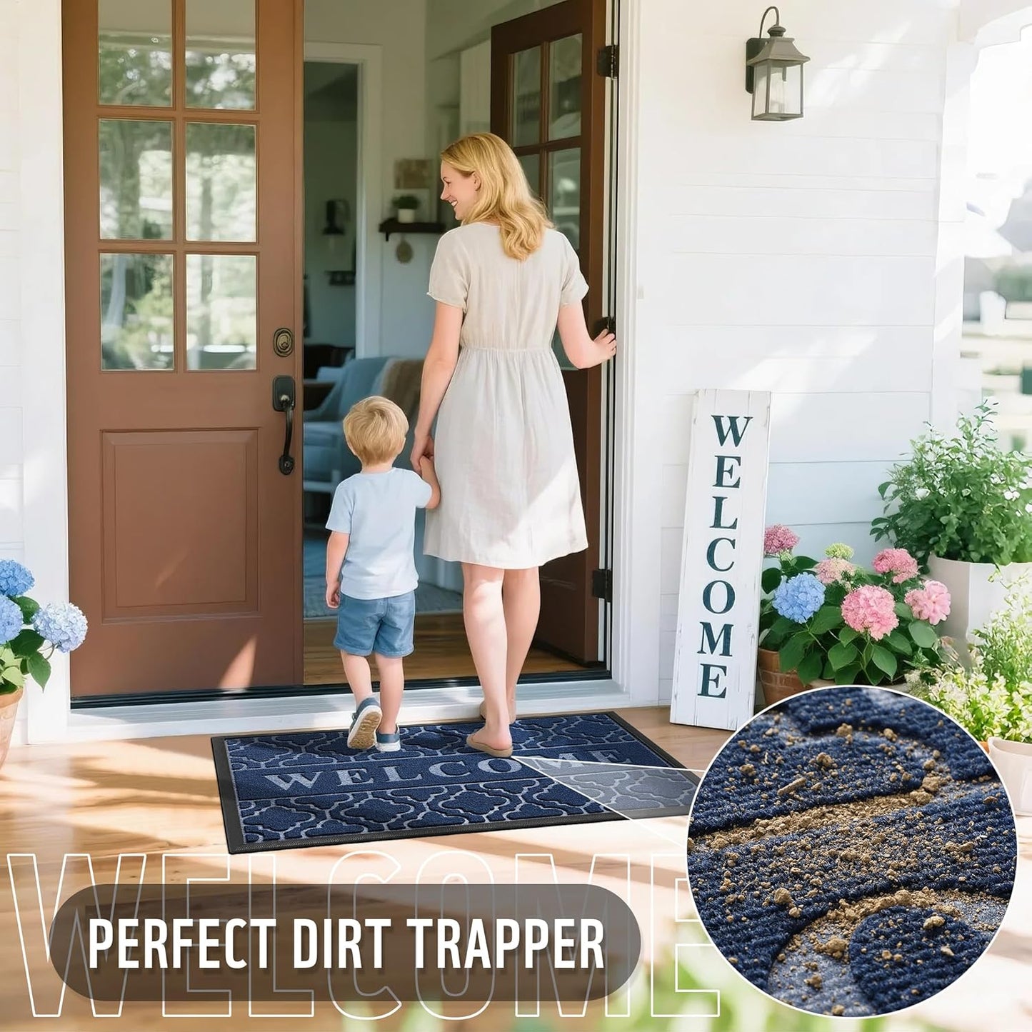 Yimobra Welcome Matt Outdoor Indoor 29.5x17, All-Weather Waterproof Front Door Mat, Non-Slip Low Profile Porch Patio Entrance Doormat, Blue