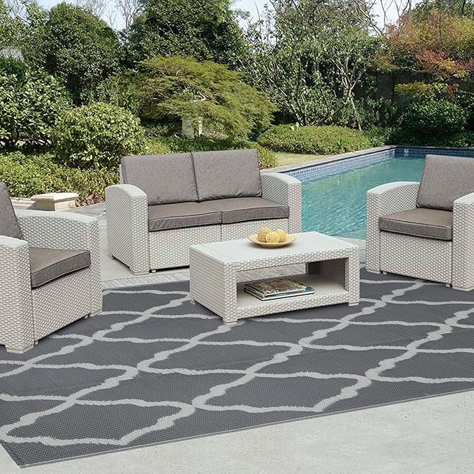 Easy-Going Reversible Outdoor Rugs 4x6ft Waterproof Plastic Straw Rug Stain & UV Resistant Floor Mat for Patio Porch RV Backyard Pool Deck Picnic Beach Trailer Camping (Moroccan Grey & Light Grey)