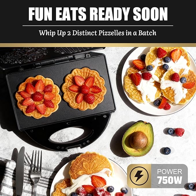 Pizzelle Maker with Non-Stick Coating, Electric Pizzelle Cookie Baker Press with Snowflake Pattern, Make Two 4 Inch Traditional Italian Waffle Cookies at Once, Recipe Included
