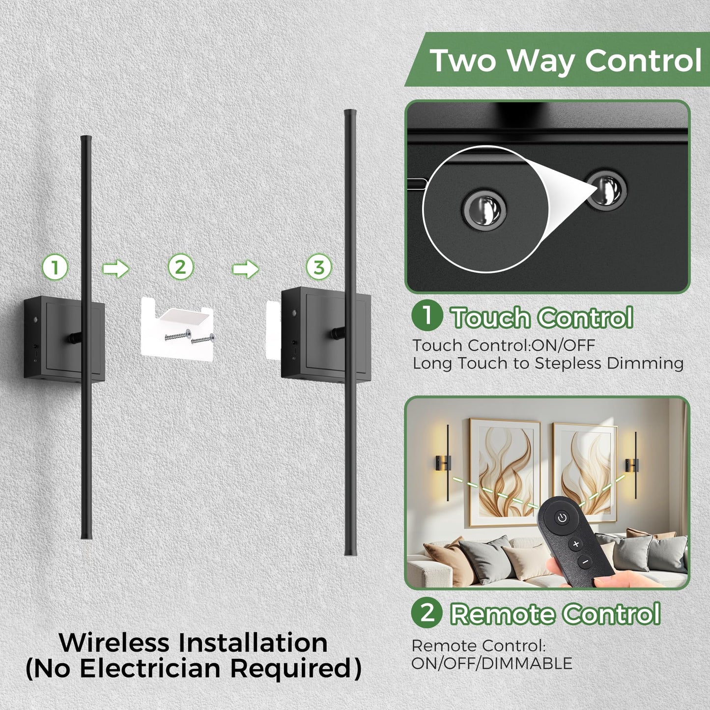 DORESshop Battery Operated Wall Sconces Set of 2, Dimmable, 23.7 Inch, Black, Model SF20250917B0DNZH2Z8N