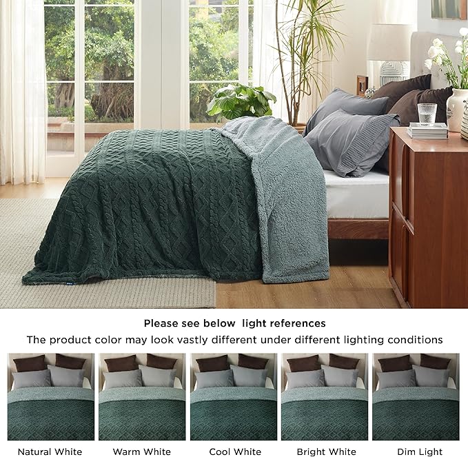 Bedsure Sherpa King Size Blanket for Bed- GentleSoft Fleece Fluffy & Cozy Cable Jacquard Tufted for Women Gift, Thick and Warm Blankets for Winter, Dark Green, 108x90 Inches