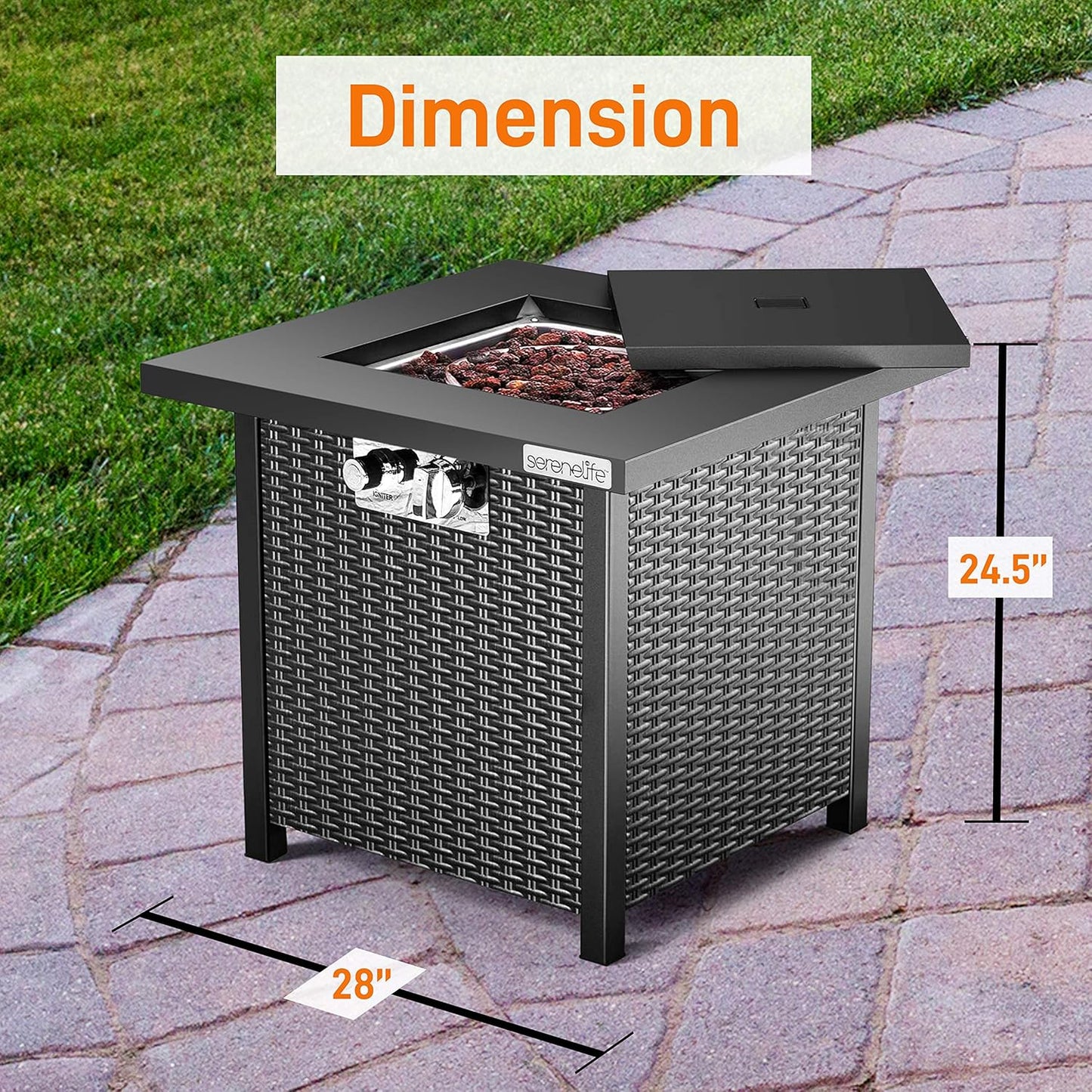 SereneLife 28" Propane Gas Fire Pit Table - 40,000 BTU Outdoor Fireplace with Cover, Stainless Steel Burner & Control Panel, Adjustable Flame, Weather Resistant, Easy Assembly, Outdoor Décor