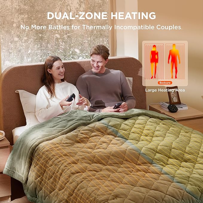 Bedsure Electric Blanket Queen Size - Dual Control Heated Weighted Blanket Queen with 10 Heat Settings, Fast Heating with 10 Time Settings (84x90 inches, Olive Green)