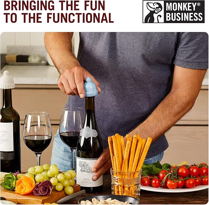 Monkey Business Beanie Wine Stopper | 2 Wine Stoppers in 1 Pack | Cute Wine Accessories | Fun Kitchen Gadgets | Wine Stoppers for Wine Bottles | Knit-Beanie-Shaped Wine Bottle Stopper w/a Pom-Pom
