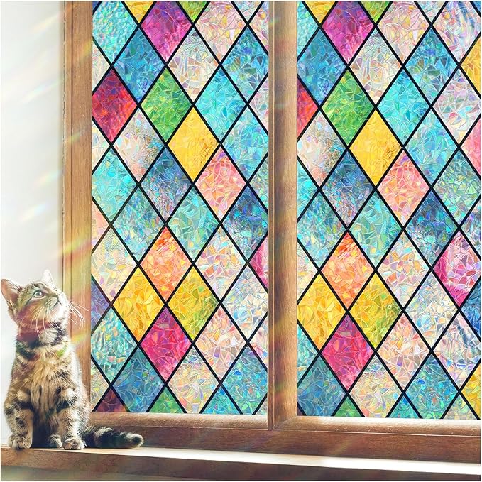 Haton Stained Glass Window Film, Rainbow Window Privacy Film, Decorative Sun Blocking Glass Clings Stickers, Static Cling Colorful Lattice Coverings Decals for Home Door 17.5" x 157.4"