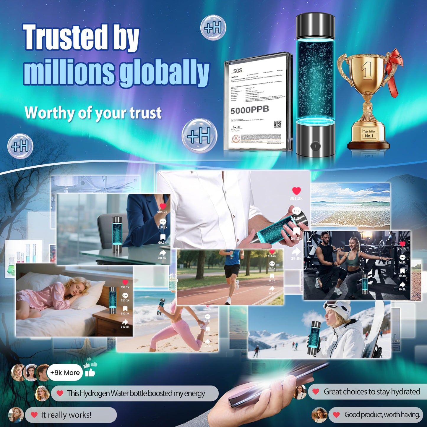 2025 New Hydrogen Water Bottle-Hydrogen Concentration up to 5000 PPB【SGS-Certified Hydrogen Generator】2025 SPE/PEM Technology Odorless Double Hydrogen Content for Sports/Home/Office/Travel HC2