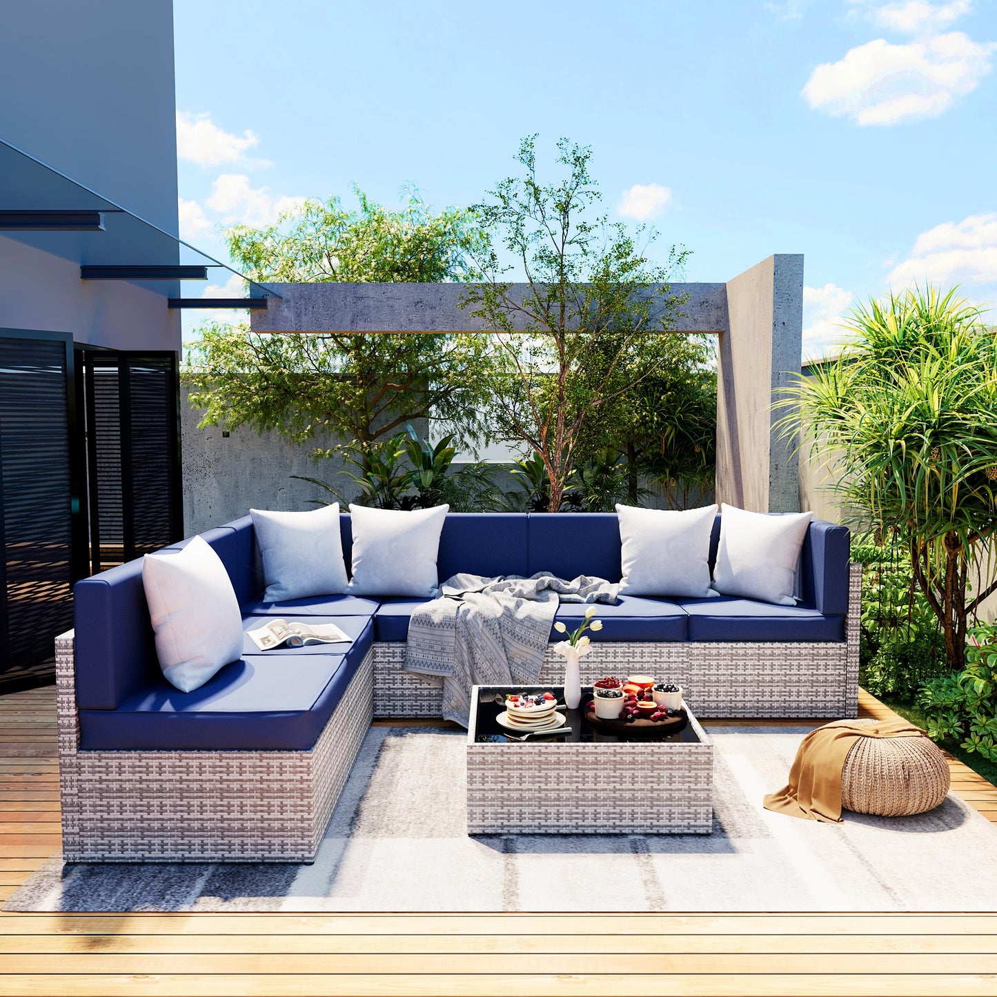 Pamapic 7 Piece Outdoor Sectional Sofa Set, All-Weather Patio Furniture with Washable Cushions, Waterproof Gray Rattan Wicker Conversation Set for Backyard, Poolside, Garden (Navy Blue Cushions)