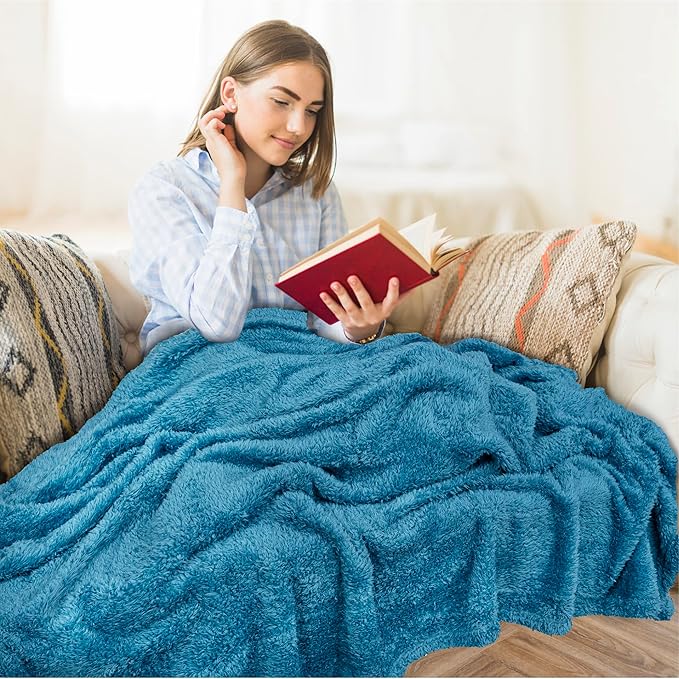 PAVILIA Sherpa Throw Blanket for Couch Sofa, Turquoise Teal Blue Fluffy Warm Plush Blanket for Bed, Cozy Super Soft Lightweight Throw, Fuzzy Decorative Blanket, All Season Home, 50x60