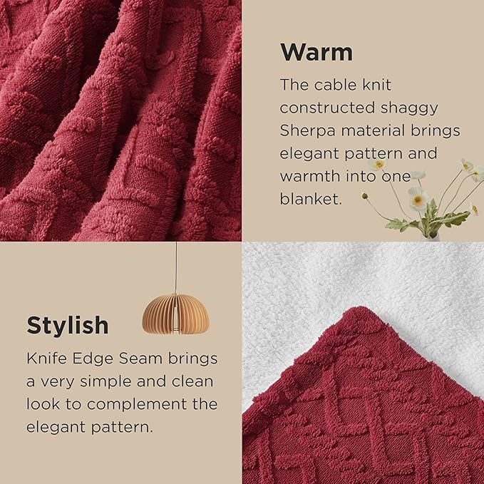 Bedsure Sherpa Queen Size Blanket for Bed - GentleSoft Fleece Fluffy & Cozy Cable Jacquard Tufted for Women Gift, Thick and Warm Blankets for Winter, Red, 90x90 Inches