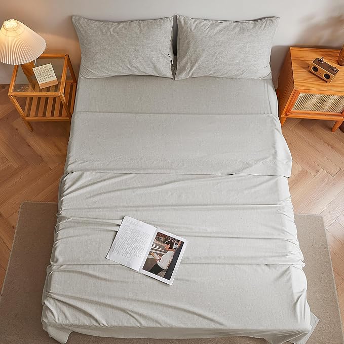 King Sheets Light Grey, Ultral Soft Cationic Linen Look Sheets, Luxury Cooling Cozy Bed Sheet Set with Non-Slip Fitted Sheet