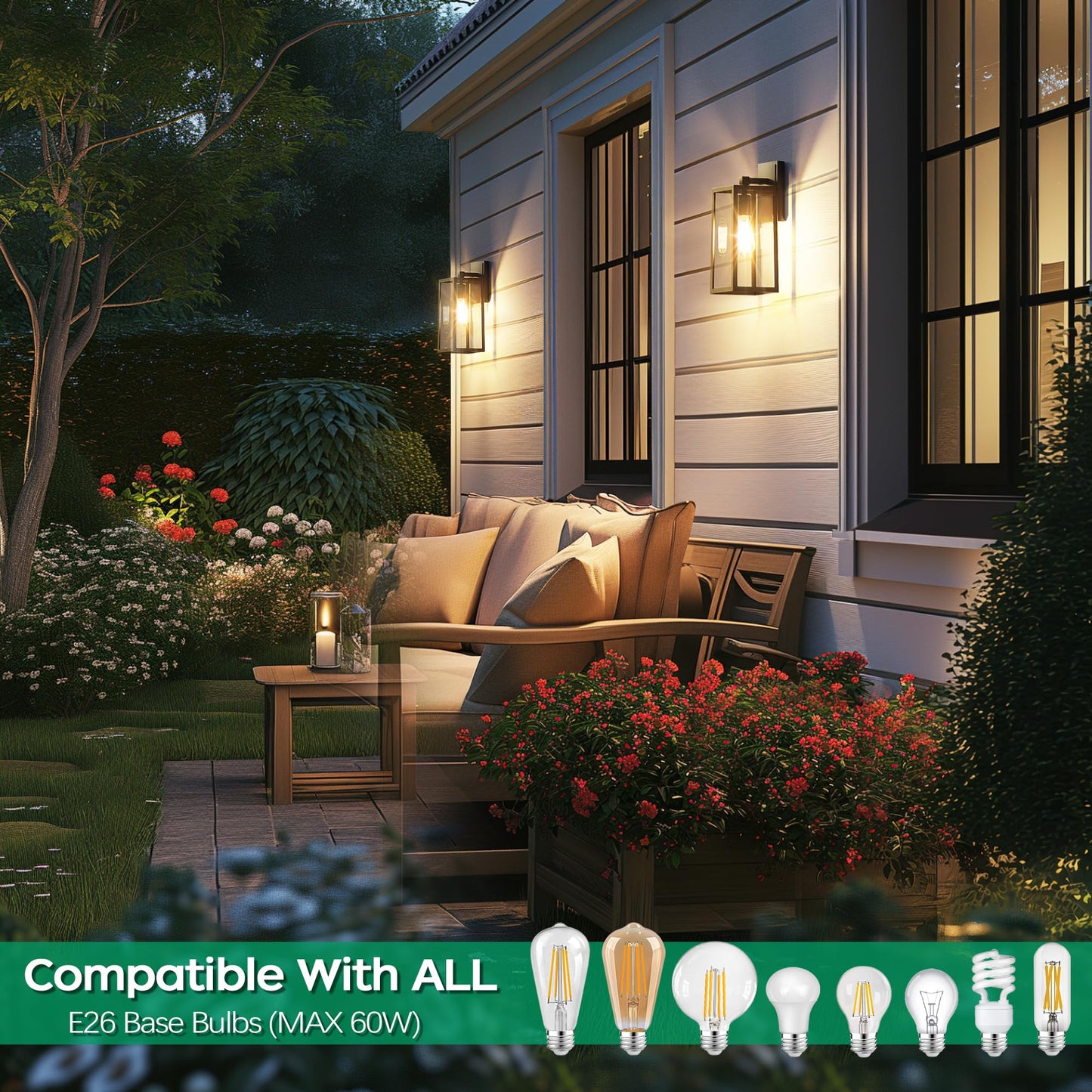 Partphoner Outdoor Wall Light Fixtures, Waterproof Black Aluminum Sconces, 2 Pack, Model Pa-Wl-2, Clear Glass, Anti-Rust For Porch/Garage
