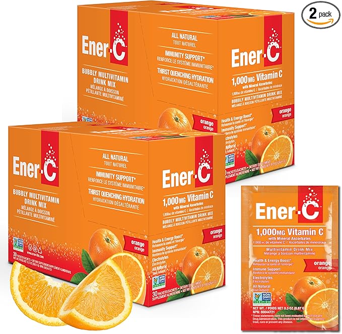 Ener-C - Vitamin C Immune Support, 1000mg Vitamin C Effervescent Multivitamin Drink Powder, Fruit Juice Vitamin C Drink Mix for Hydration with Electrolytes, Orange, 60 Packets (2-Pack)