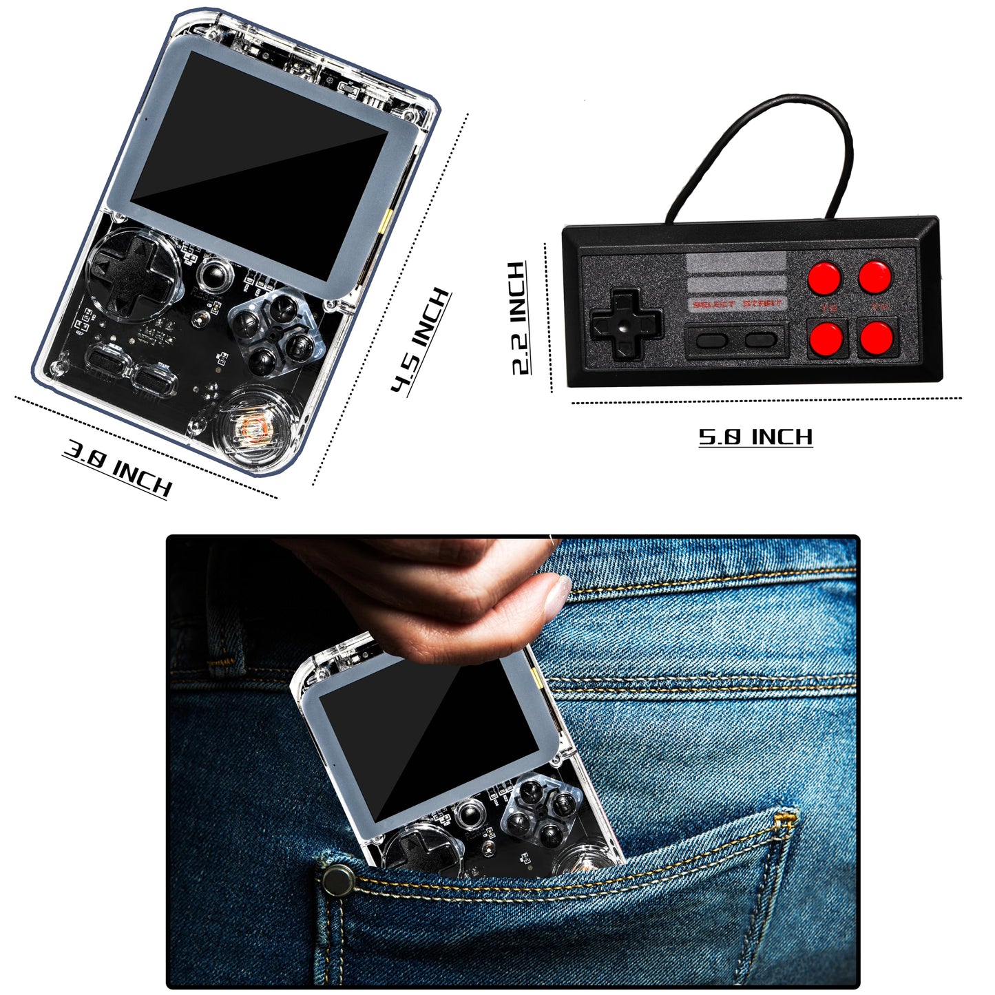 Retro Handheld Game, 3 Inch LCD Screen Portable Video Game Console with 256 Classic Games, 800 mAh Rechargeable Battery Support for Connecting TV and Two Players (Transparent White )