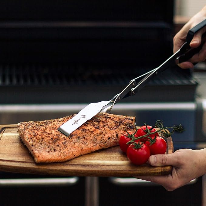 Shark BBQ Grill Tongs - 17 inch Black. Professional steak grilling utensil. Long reach Barbeque Grilling Tongs. Ideal for steak, fish, burger, and sausage