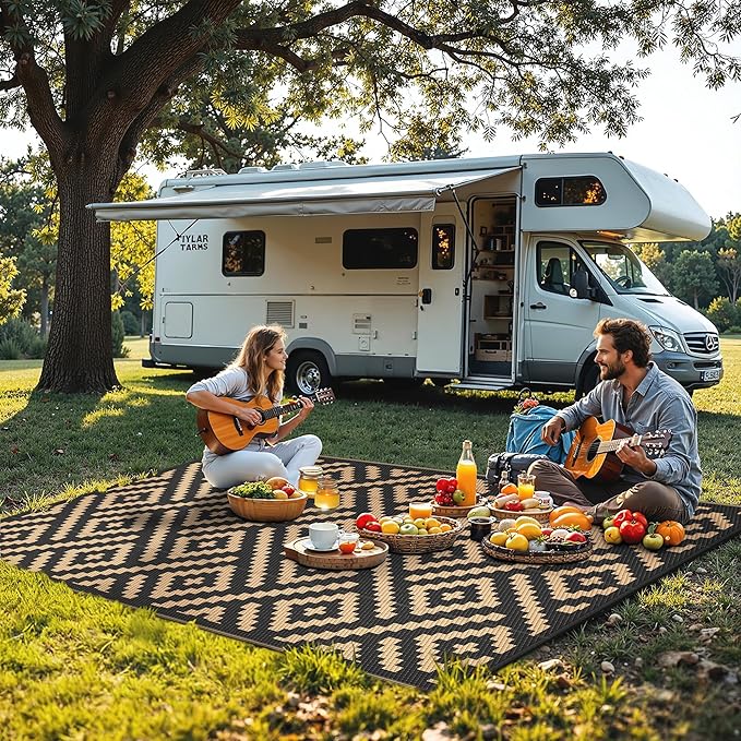 Outdoor Rug for Patio - Waterproof Plastic Straw Camping Rugs 5x8 ft, Reversible Outdoor Indoor RV Mat Carpet for Patio, Porch, Deck, Balcony, Picnic, Beach, Black Brown