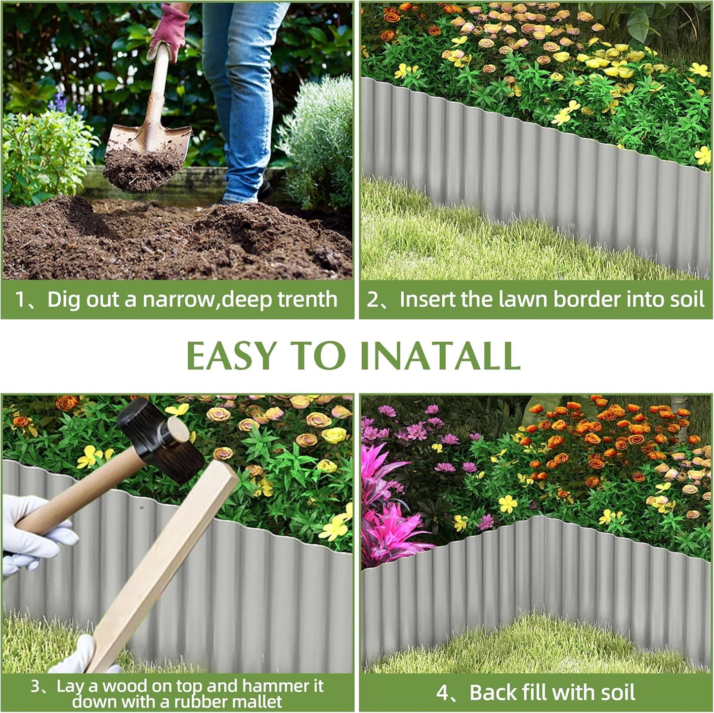 Metal Garden Edging Border, Corrugated Steel Landscaping, DIY for Lawn (Silver, 10 Inch x 20FT)