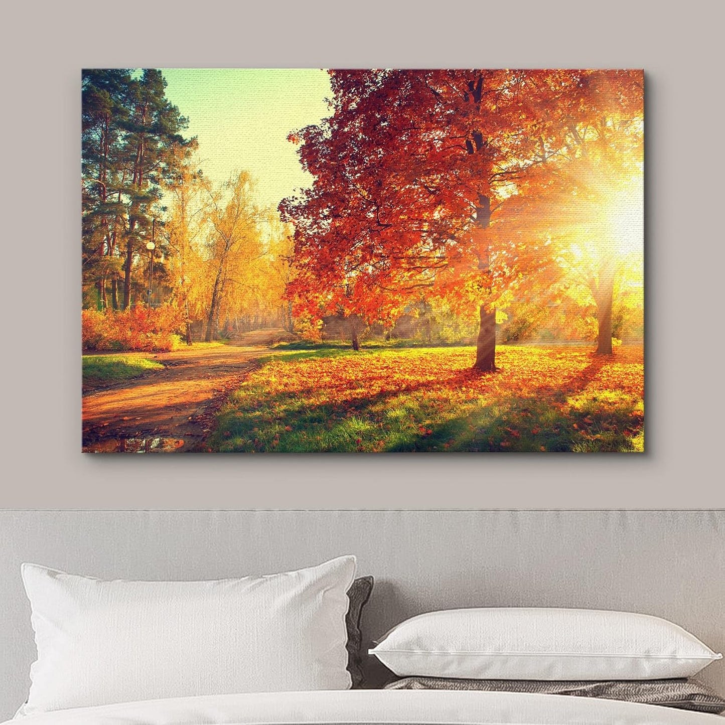 wall26 Canvas Print Wall Art Path Through Red & Orange Autumn Park Nature Wilderness Photography Modern Art Rustic Scenic Colorful Multicolor for Living Room, Bedroom, Office - 24"x36"