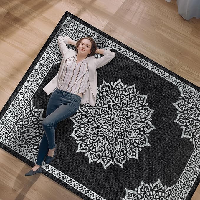 CAMILSON Outdoor Rug, 6x9 Medallion Black White Modern Area Rugs for Indoor and Outdoor Patios, Kitchen and Hallway Mats, Washable Porch Deck Outside Carpet (Medallion Black, 6 x 9)