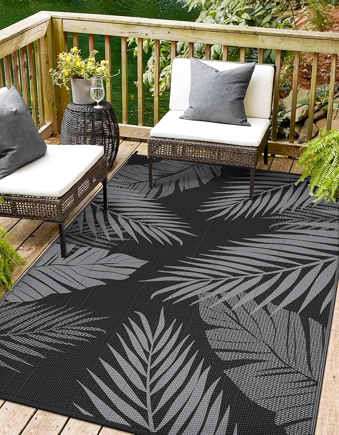 Outdoor Rug 8' x 10' for Patio Waterproof Clearance, Reversible Indoor Outdoor Plastic Straw Camping Rug Carpet, RV Mat, Large Area Rug for Deck, Backyard, Balcony, Porch, Beach, Black and Grey