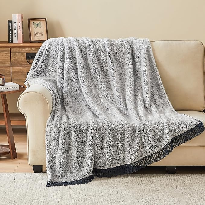 EMME Fleece Throw Blankets Soft Sherpa Plush Blankets for Couch Cozy Bed Blanket(Tassel Navy, 90"x90")