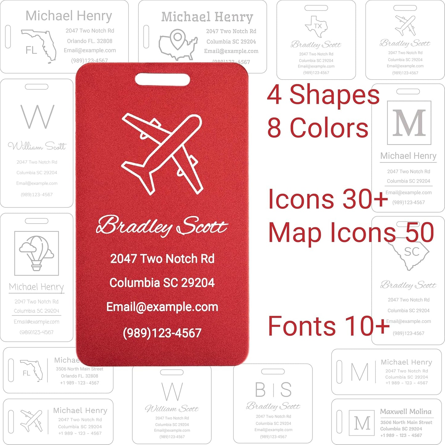 Personalized Luggage Tags for Suitcases Custom Metal Name Tags for Backpacks Bags Travel - Square (Red)