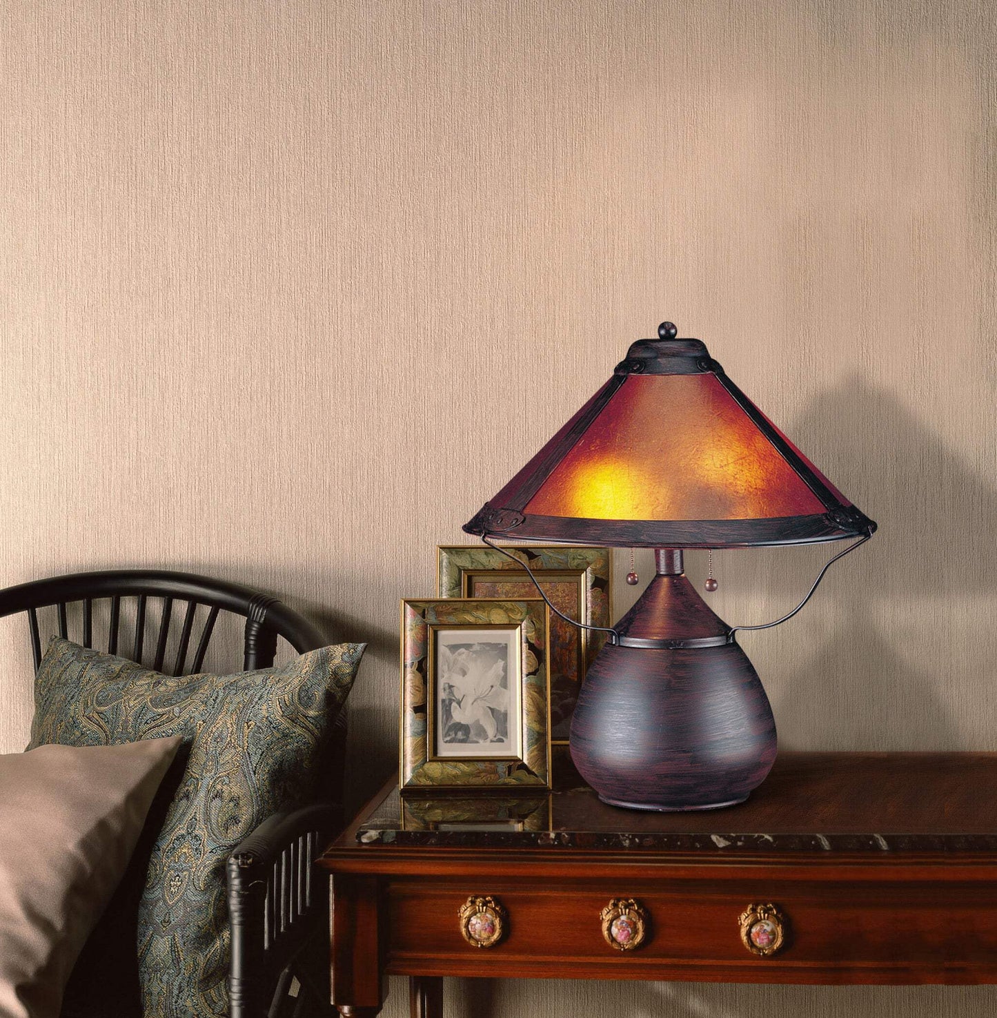 Homeroots Two Light Table Lamp - 17 In. Rust Metal With Amber Empire Shade, Model 524679