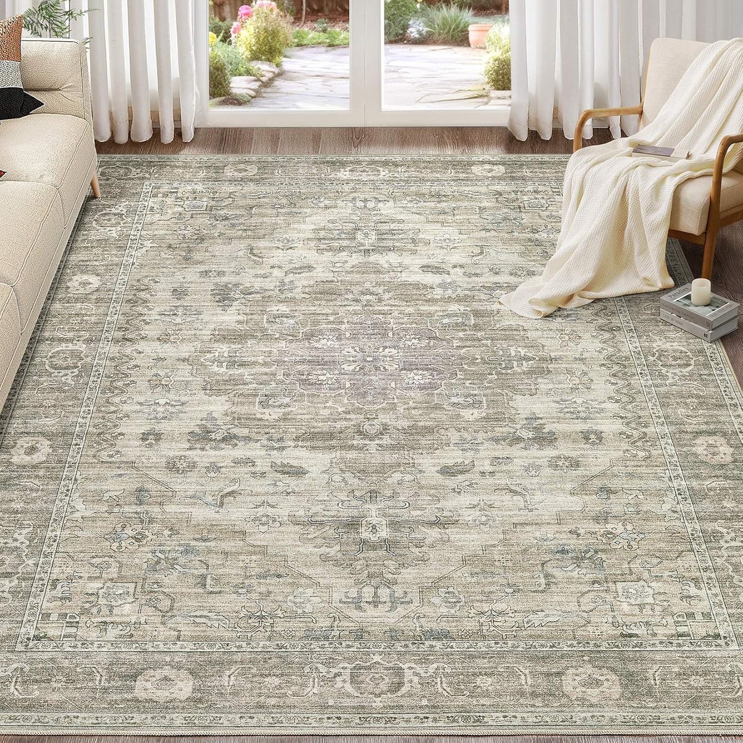 Washable Area Rugs for Living Room -8x10 Neutral Vintage Distressed Floral Farmhouse Boho Large Soft Floor Rug Indoor Non Slip Carpet for Living Room Bedroom Dining Room Office - Brown/Tan