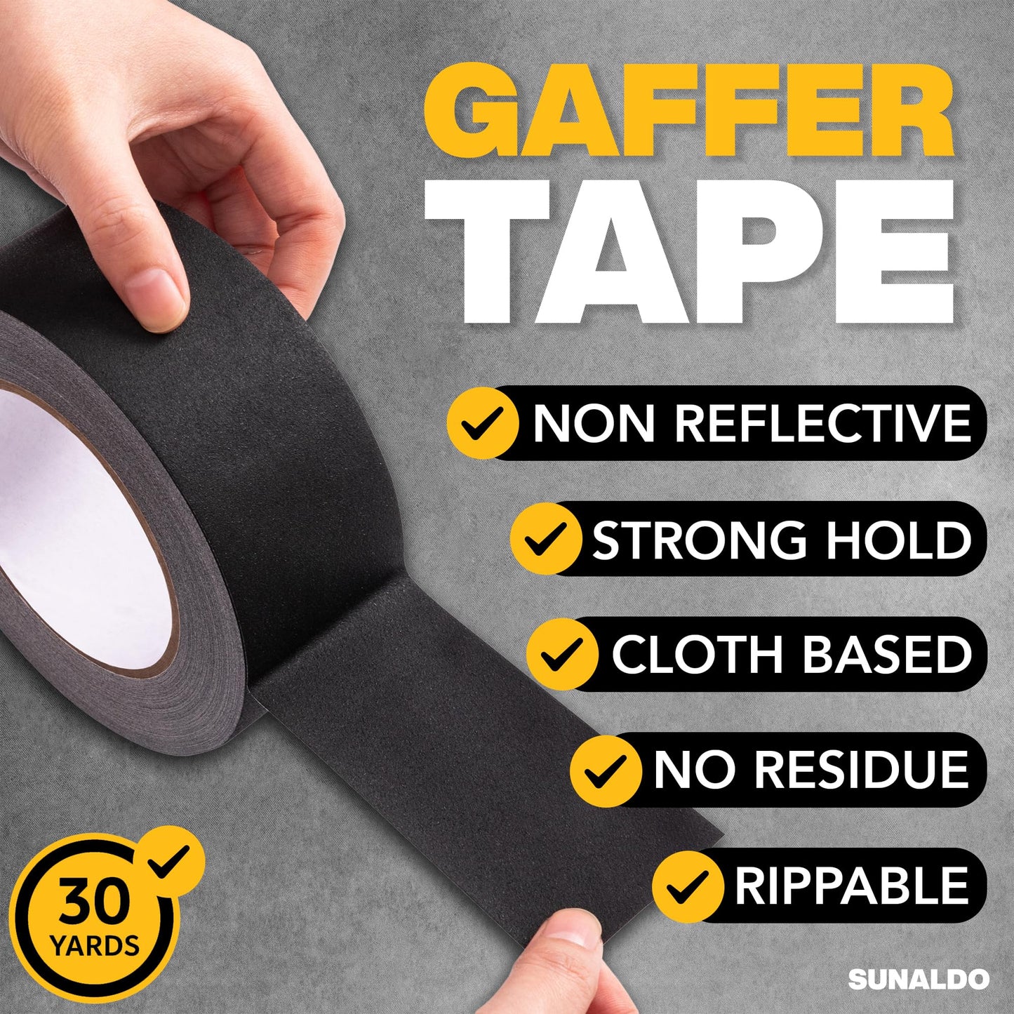 SUNALDO Gaffers Tape (2" x 30 Yards) Strong Hold, Easy to Rip, Residue-Free Professional Grade Gaffer Floor Tape for Electrical Cords, Matte Finish Non Reflective, Weather Resistant (1 Pack, Black)